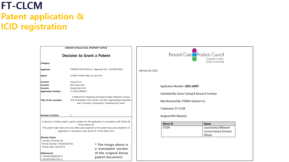 An image showing two documents as proof of "Patent application & ICID registration." On the left is a translated "Decision to Grant a Patent" from the Korean Intellectual Property Office for FT-CLCM. On the right is the official ICID registration letter from the Personal Care Products Council, assigning the INCI name "Leuconostoc/Silkworm Cocoon Extract Ferment Filtrate."