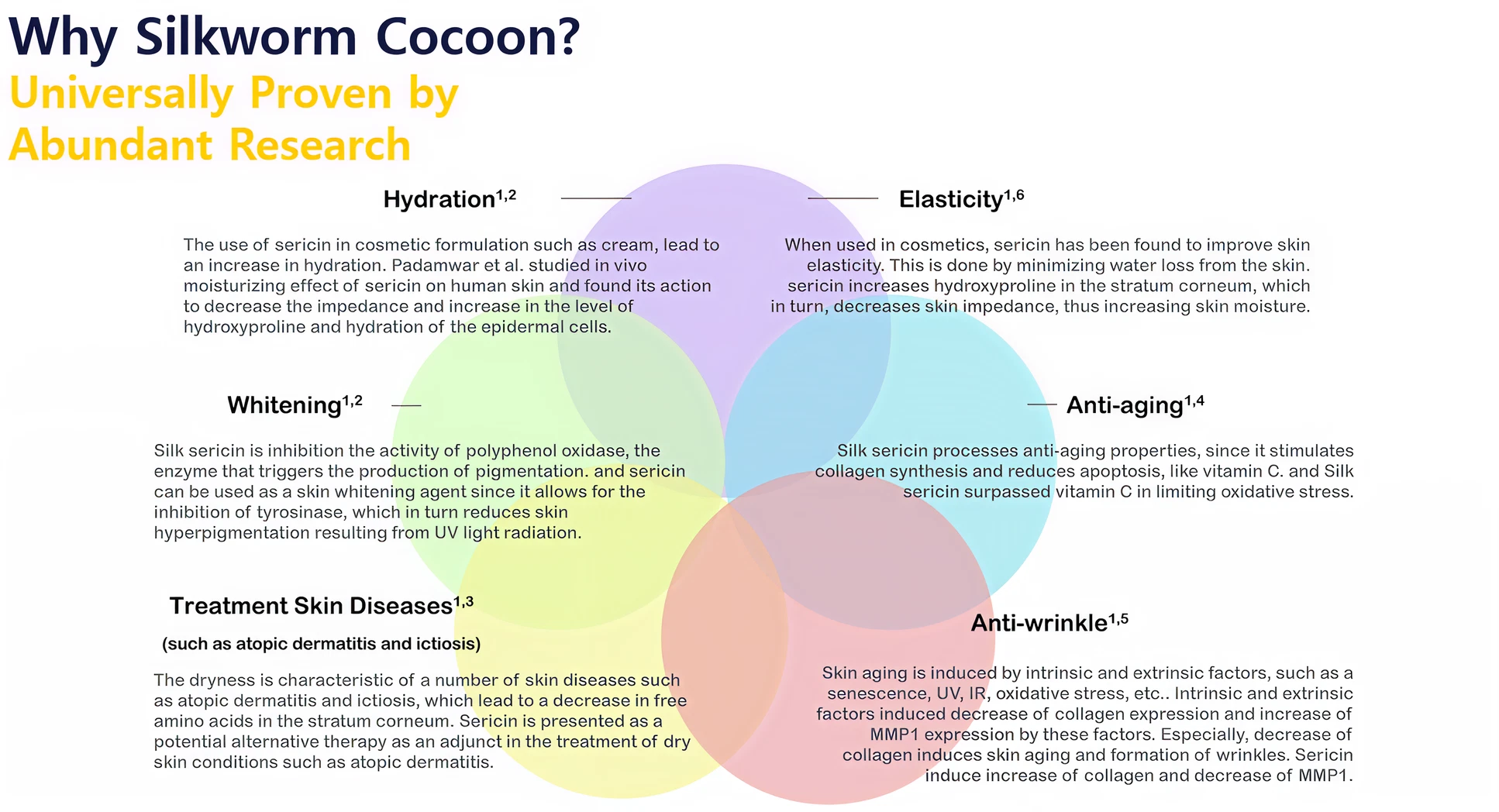 Diagram titled "Why Silkworm Cocoon?" showing six proven benefits in overlapping circles: Hydration, Whitening, Treatment Skin Diseases, Anti-wrinkle, Anti-aging, and Elasticity, each with a brief scientific explanation