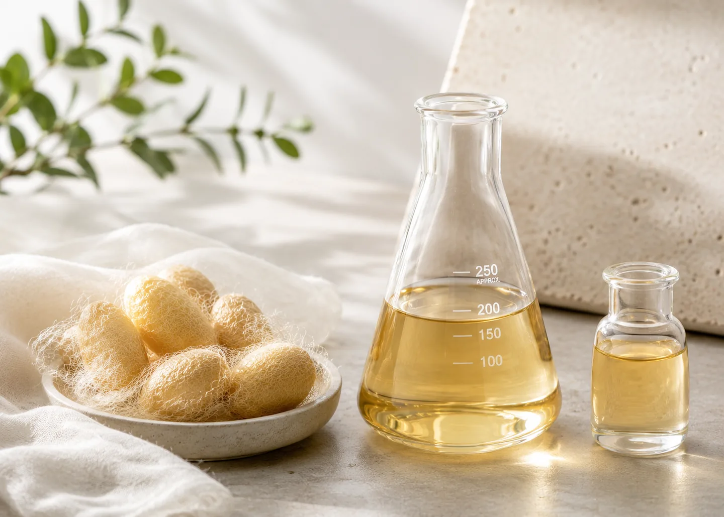 Golden Cocoon beside glass vessels used to illustrate ingredient research