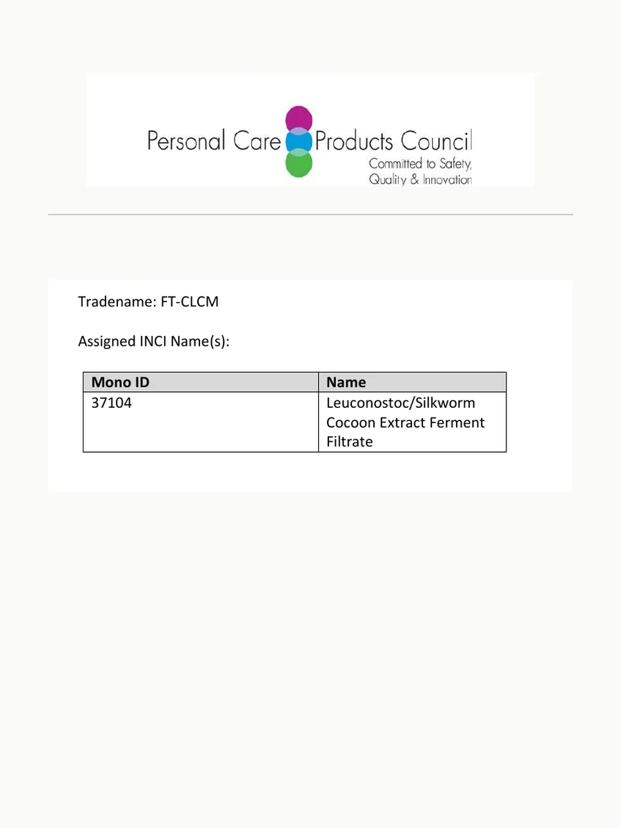 Excerpt of the INCI name assignment record for Leuconostoc/Silkworm Cocoon Extract Ferment Filtrate.