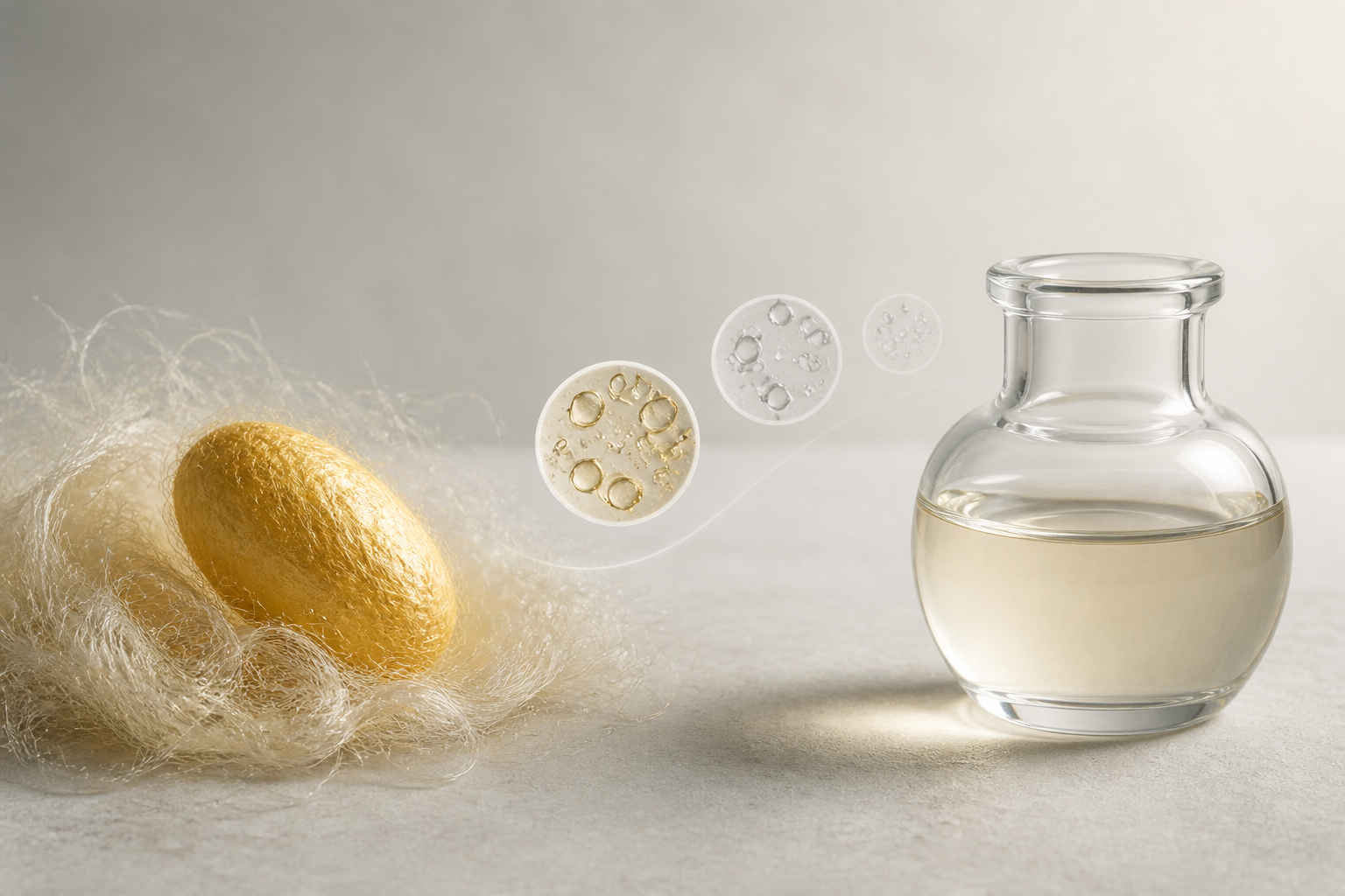 Conceptual composition of a golden cocoon and a refined translucent ingredient